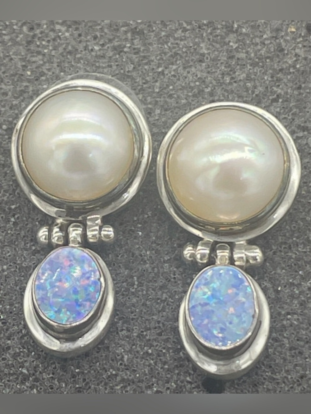 Vintage 925 Sterling Silver Mother of Pearl & Blue Opal Drop Earrings Mismatched